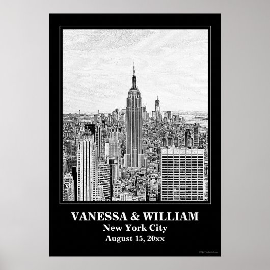 Poster Mariage NYC Skyline ESB WTC Etch BW (Devant)