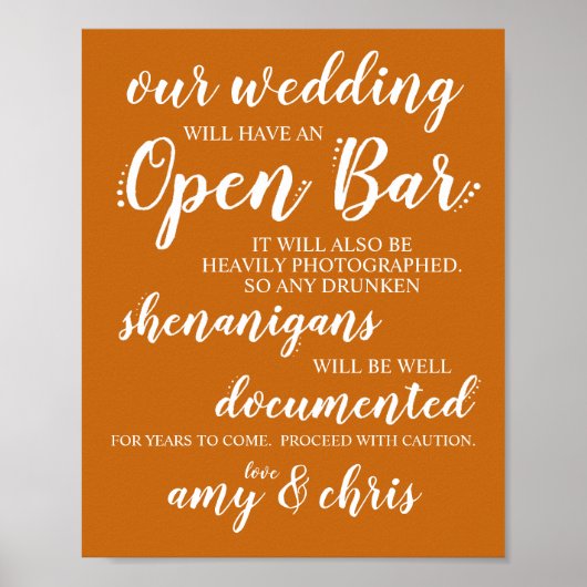 Poster Mariage Open Bar Funny Drunken Shenanigans Sign W (Devant)
