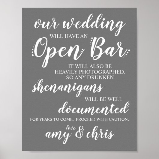 Poster Mariage Open Bar Funny Drunken Shenanigans Sign W (Devant)