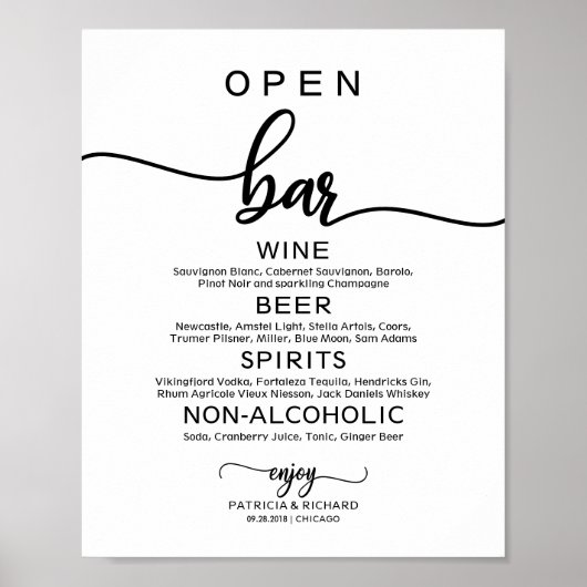 Poster Mariage Open Bar Menu Sign Rustic Chic Calligraphy (Devant)
