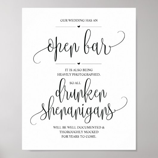 Poster Mariage Open Bar, signe shenanigans ivres (Devant)
