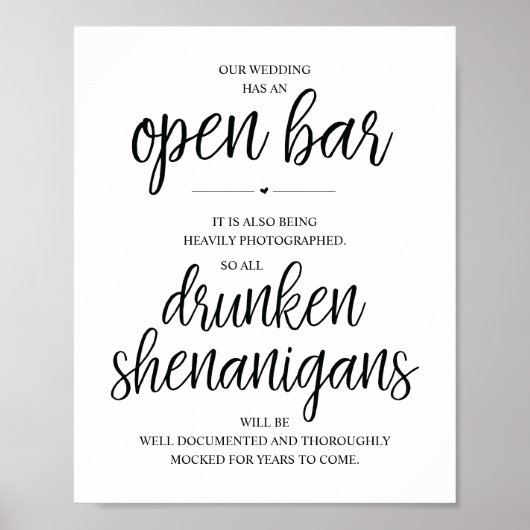 Poster Mariage Open Bar, signe shenanigans ivres (Devant)