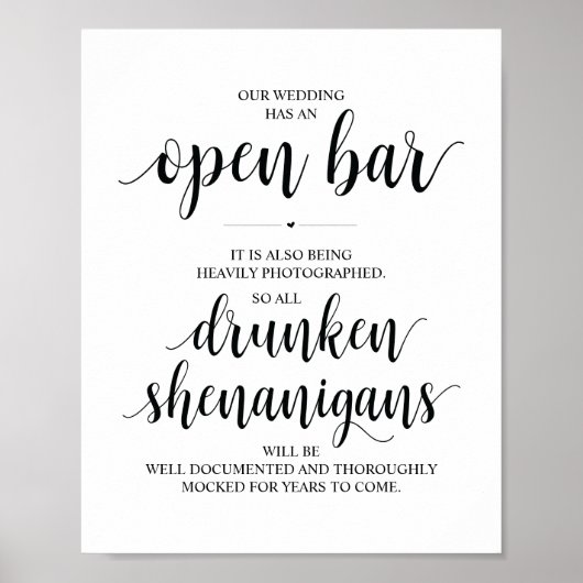 Poster Mariage Open Bar, signe shenanigans ivres (Devant)