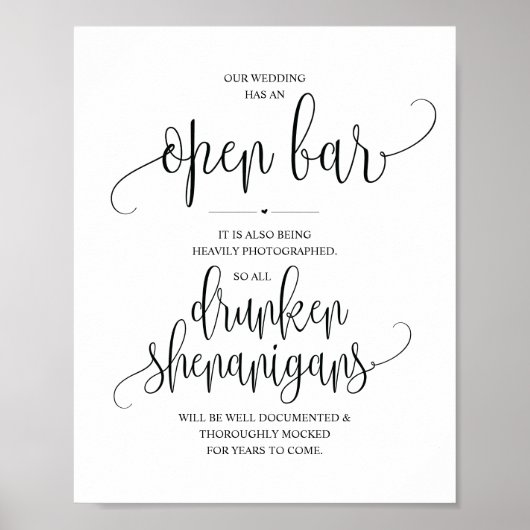 Poster Mariage Open Bar, signe shenanigans ivres (Devant)