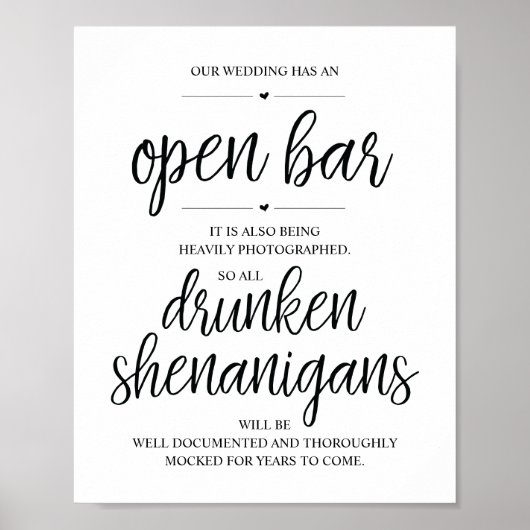 Poster Mariage Open Bar, signe shenanigans ivres (Devant)