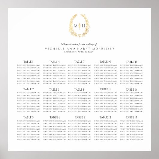 Poster Mariage ovale en or noir 15 tables (Devant)