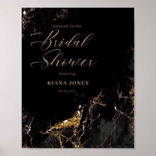 Poster Mariage Pailleté de Marbre Noir et Or ID644 (Devant)