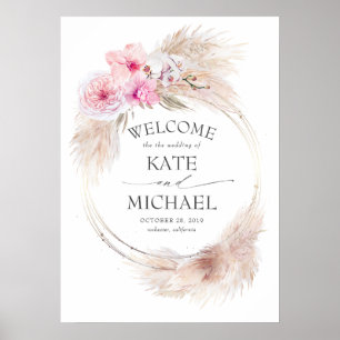 Poster Mariage Pampas Grass et Orchidées roses Bienvenue