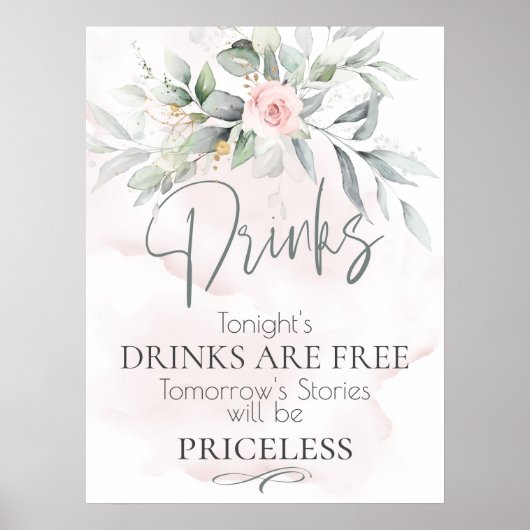 Poster Mariage | Panneau de la barre florale rose de feui (Devant)