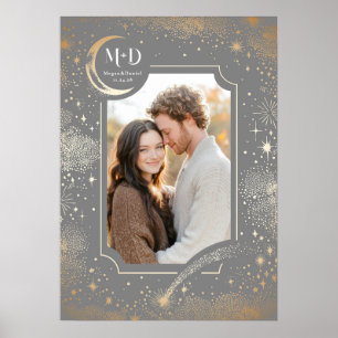 Poster Mariage Photo Céleste Gris Clair Étoiles Lune