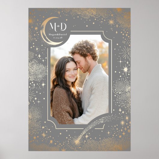 Poster Mariage Photo Céleste Gris Clair Étoiles Lune (Devant)
