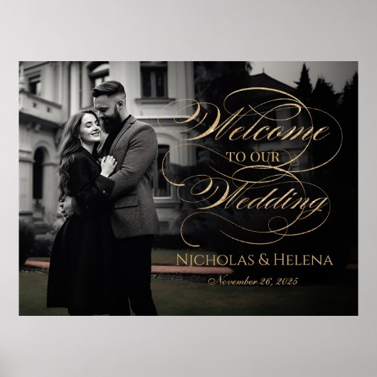 Poster Mariage photo signe de bienvenue élégant script or (Devant)
