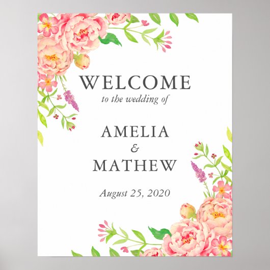 Poster Mariage Pink Peony Bienvenue (Devant)