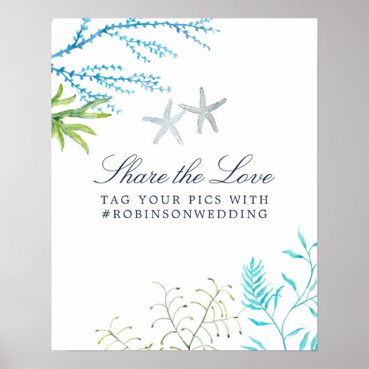 Poster Mariage Plage Algues Aquarelle Hashtag (Devant)