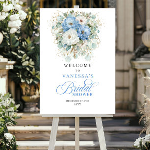 Poster Mariage poussiéreux bleu blanc pivoine or floral