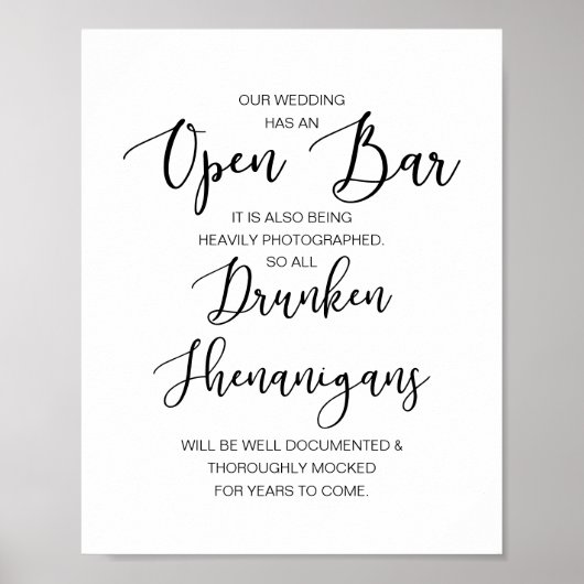 Poster Mariage romantique Open Bar, shenanigans ivres (Devant)