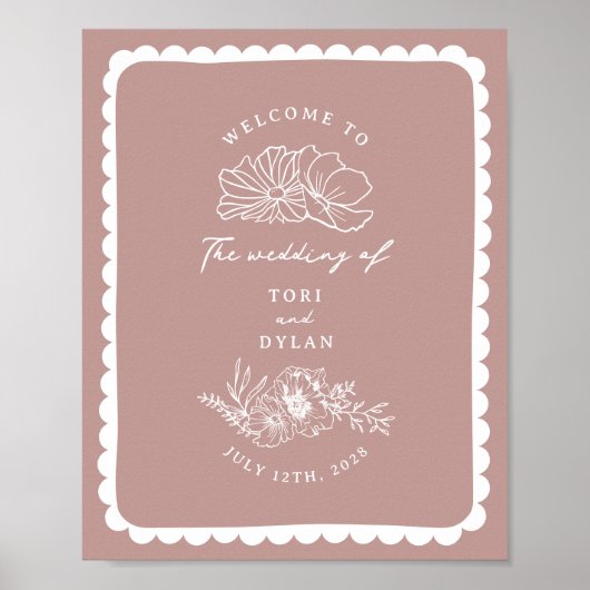 Poster Mariage rose de la frontière florale Bienvenue (Devant)