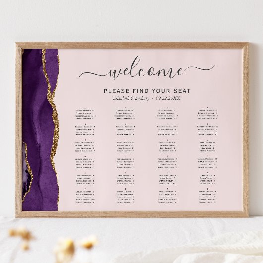 Poster Mariage rose pâle Agate d'or violet