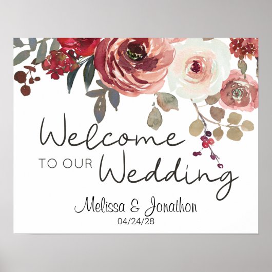 Poster Mariage Rose Red Blush Floral (Devant)
