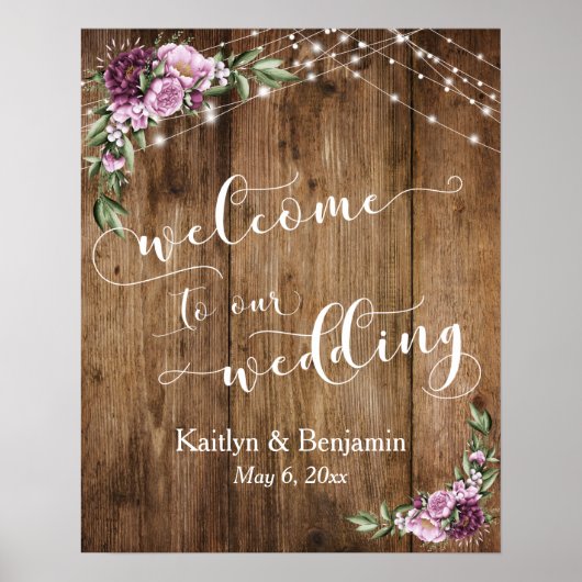 Poster Mariage Rustic Wood Peonés & Lights Bienvenue (Devant)