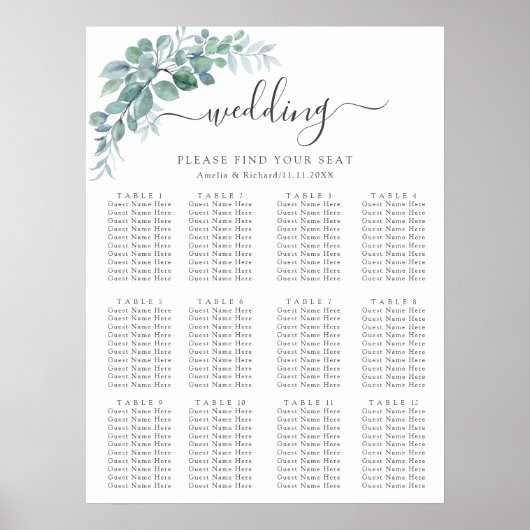 Poster Mariage Rustique Aquarelle Eucalyptus Verdure (Devant)