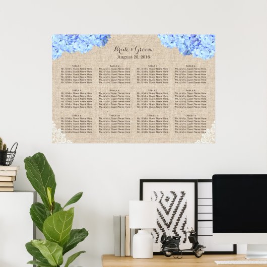 Poster Mariage Rustique Blue Hydrangea dentelle Burlap Si (Bureau à domicile)