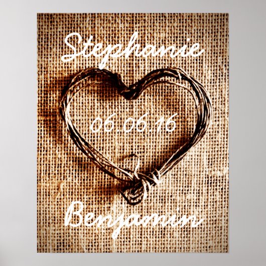 Poster Mariage Rustique Country Twine Heart Burlap (Devant)