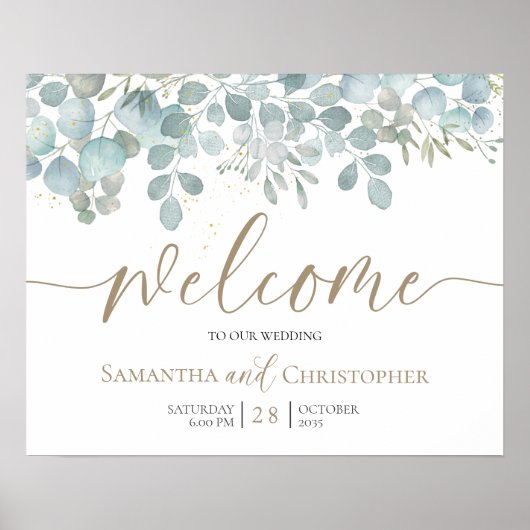 Poster Mariage Rustique Eucalyptus Vert Sauge Or (Devant)