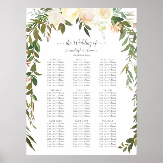Poster Mariage Seating Chart Élégante Rose blanche (Devant)