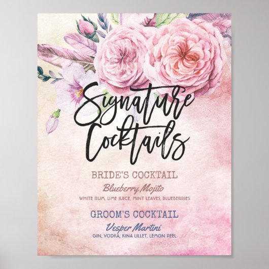 Poster Mariage Signature Boire Menu Boho Plumes florales (Devant)