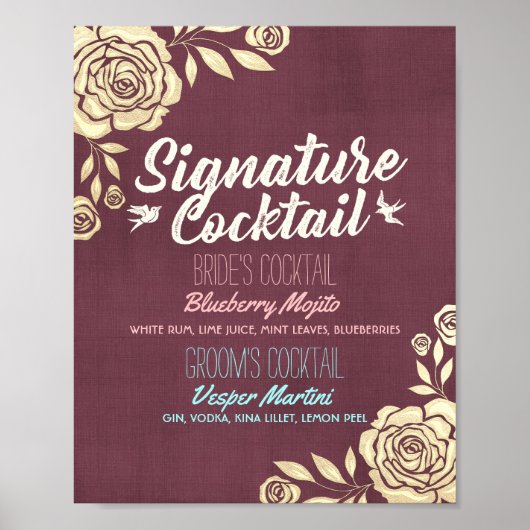 Poster Mariage Signature Boire Menu Bourgogne Golden Rose (Devant)