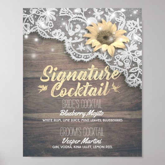 Poster Mariage Signature Boire Menu Dentelle Tournesol Bo (Devant)