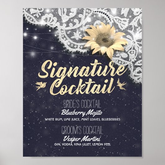 Poster Mariage Signature Boire Menu Dentelle Tournesol Lu (Devant)