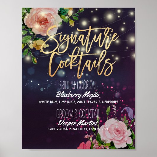 Poster Mariage Signature Boire Menu Floral String Lights (Devant)
