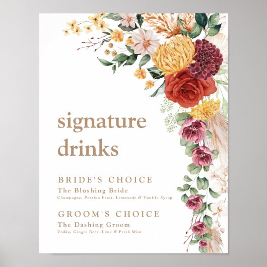 Poster Mariage Signature Boissons Fleurs Boho Rustiques (Devant)