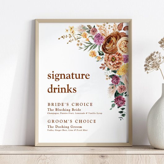 Poster Mariage Signature Boissons Rustique Boho Floral