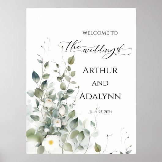 Poster Mariage signe d'accueil élégant vert et rose (Devant)