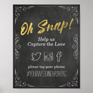 Poster Mariage Snap Hashtag Black Gold Script Chalkboard