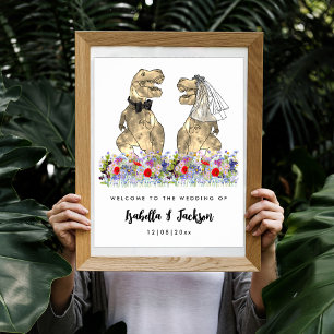 Poster Mariage Thème Dinosaure Bienvenue Fleur Sauvage