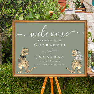 Poster Mariage Thème Dinosaure Vert Sauge de Bienvenue