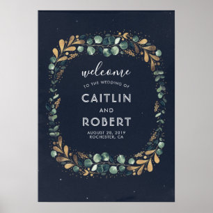 Poster Mariage vert, bleu marine et vert or