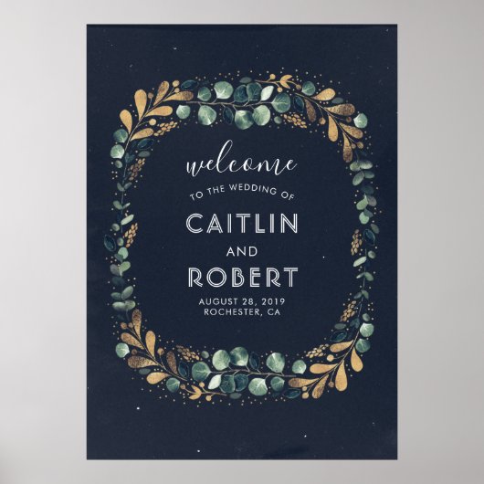 Poster Mariage vert, bleu marine et vert or (Devant)