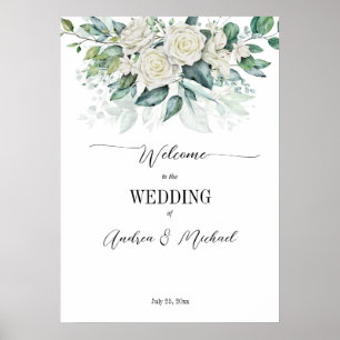 Poster Mariage vert eucalyptus blanc roses