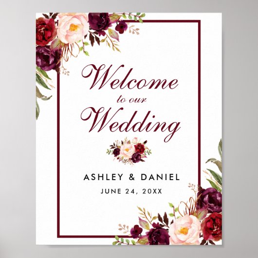 Poster Mariage Welcome Aquarelle Bourgogne Floral (Devant)