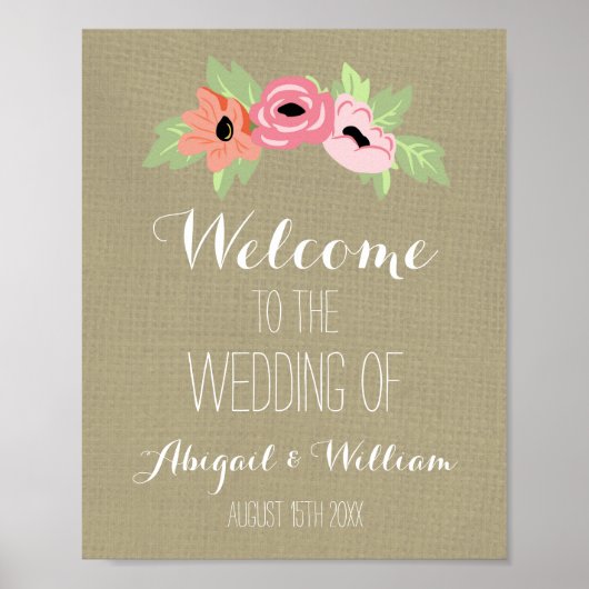 Poster Mariage Welcome Custom Sign Burlap Spring Floral (Devant)