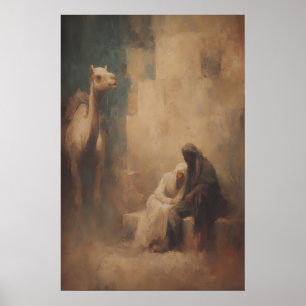 Poster Marie et Joseph se reposant avec chameau, Mur chré