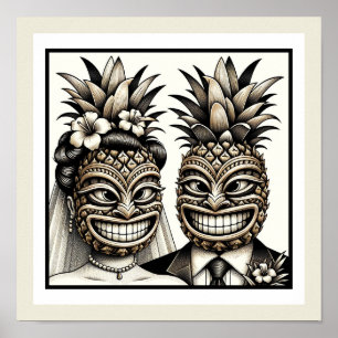 Poster Mariés Tête de Tiki Ananas Aloha de Mariage