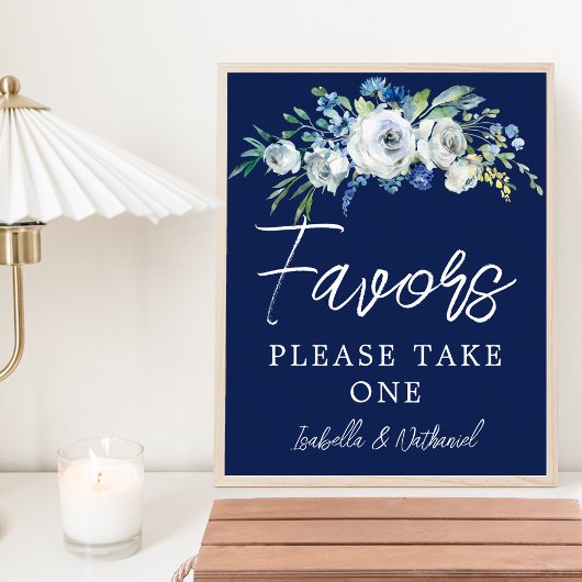 Poster Marine Bleu Blanc Floral Mariage d'hiver Faveurs