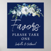 Poster Marine Bleu Blanc Floral Mariage d'hiver Faveurs (Devant)