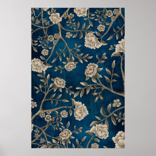 Poster Marine Bleu Botanique Chinoiserie Fleur Mur Art (Devant)
